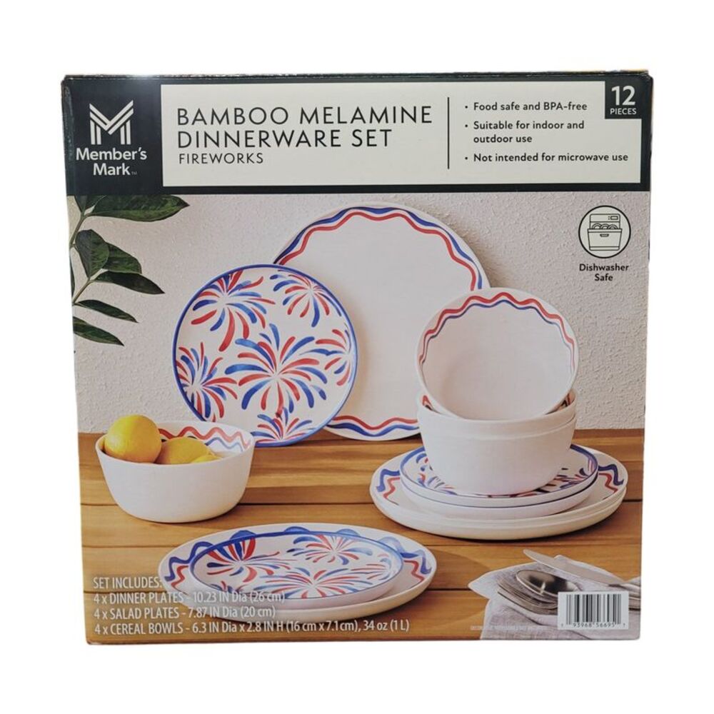 Member's Mark 12-Piece Bamboo Melamine Indoor/Outdoor Dinnerware Set - Fireworks